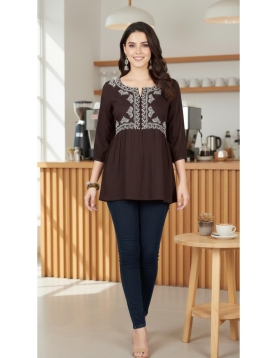 Chocolate Brown Rayon Embroidered Tunic