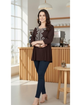 Chocolate Brown Rayon Embroidered Tunic