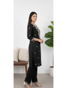 Women's Black Rayon Embroidered Straight Kurta with Trousers Set