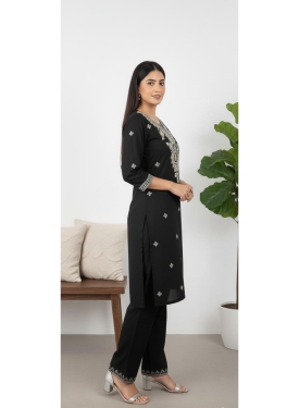 Women's Black Rayon Embroidered Straight Kurta with Trousers Set