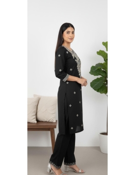 Women's Black Rayon Embroidered Straight Kurta with Trousers Set