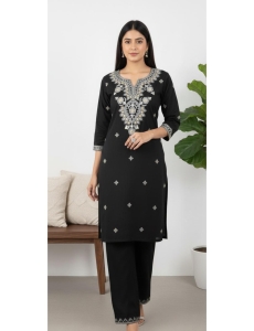 Women's Black Rayon Embroidered Straight Kurta with Trousers Set