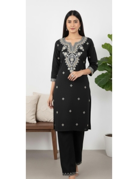 Women's Black Rayon Embroidered Straight Kurta with Trousers Set