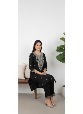 Women's Black Rayon Embroidered Straight Kurta with Trousers Set