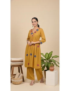 Women's Mustard Yellow Rayon Embroidered Anarkali Kurta with Palazzo Set