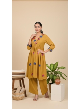 Women's Mustard Yellow Rayon Embroidered Anarkali Kurta with Palazzo Set