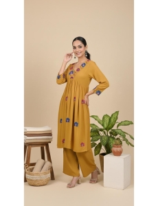 Women's Mustard Yellow Rayon Embroidered Anarkali Kurta with Palazzo Set