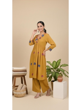 Women's Mustard Yellow Rayon Embroidered Anarkali Kurta with Palazzo Set