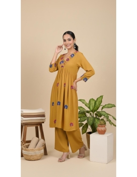 Women's Mustard Yellow Rayon Embroidered Anarkali Kurta with Palazzo Set
