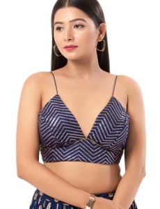 Art Silk Navy Blue V Neck Blouse