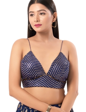 Art Silk Navy Blue V Neck Blouse