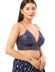 Art Silk Navy Blue V Neck Blouse