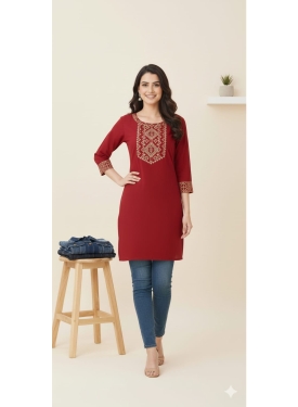 Aurelia Crimson Rayon Straight Kurta with Geometric Foil Print