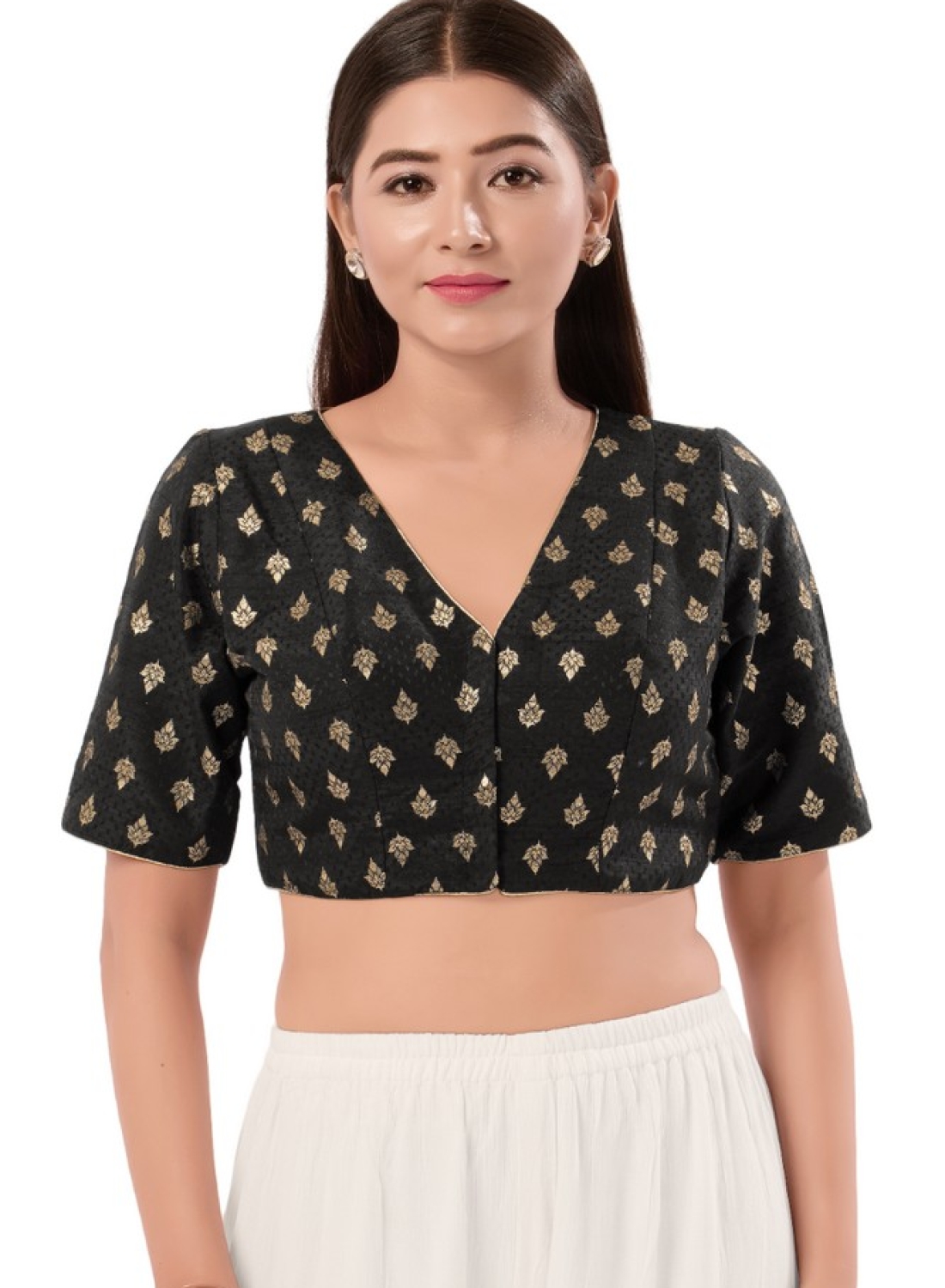 Brocade Black V Neck Blouse