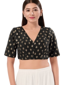 Brocade Black V Neck Blouse