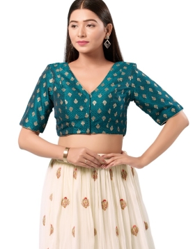 Brocade Fire Blue V Neck Blouse