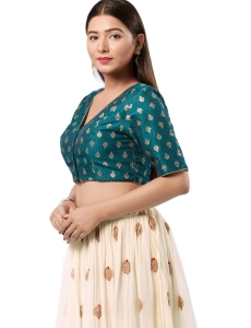 Brocade Fire Blue V Neck Blouse