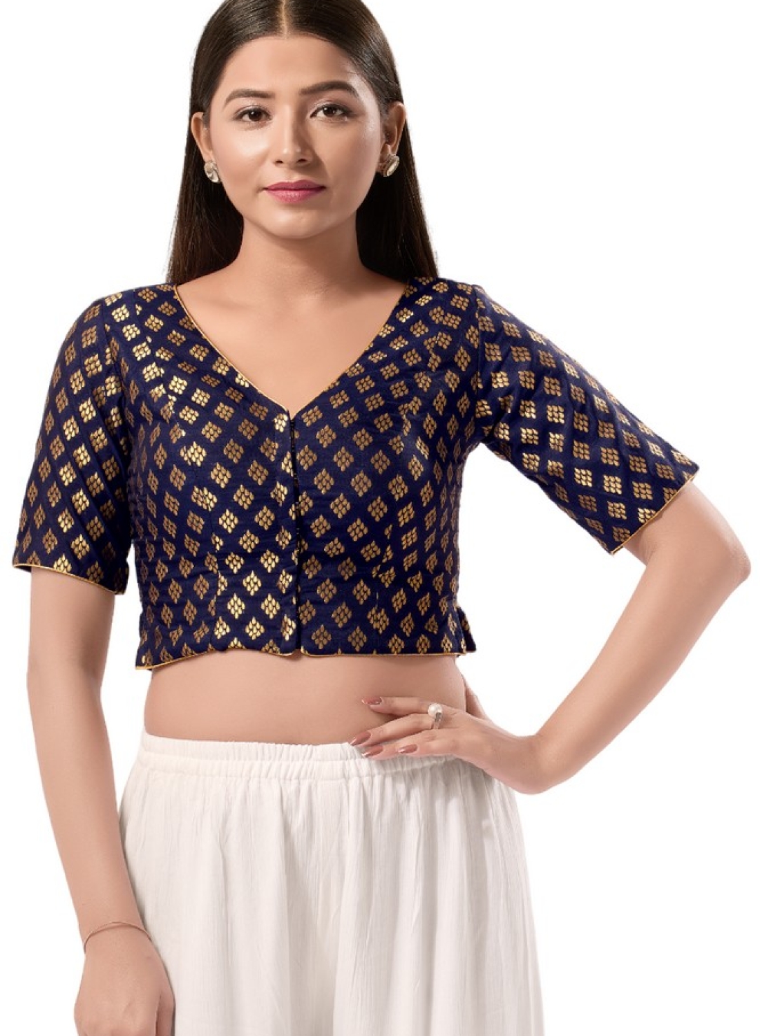 Brocade Navy Blue V Neck Blouse