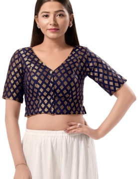 Brocade Navy Blue V Neck Blouse