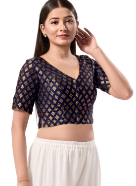 Brocade Navy Blue V Neck Blouse