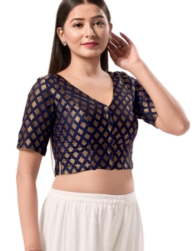 Brocade Navy Blue V Neck Blouse
