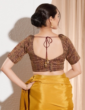 Dark Maroon Brocade Sweetheart Neck Padded Blouse with Zari Patchwork