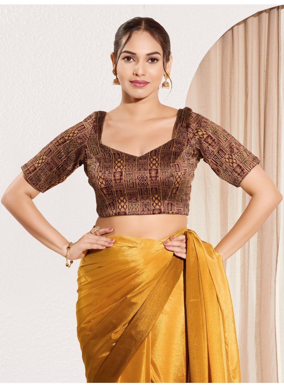 Dark Maroon Brocade Sweetheart Neck Padded Blouse with Zari Patchwork