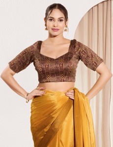 Dark Maroon Brocade Sweetheart Neck Padded Blouse with Zari Patchwork