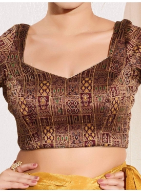 Dark Maroon Brocade Sweetheart Neck Padded Blouse with Zari Patchwork