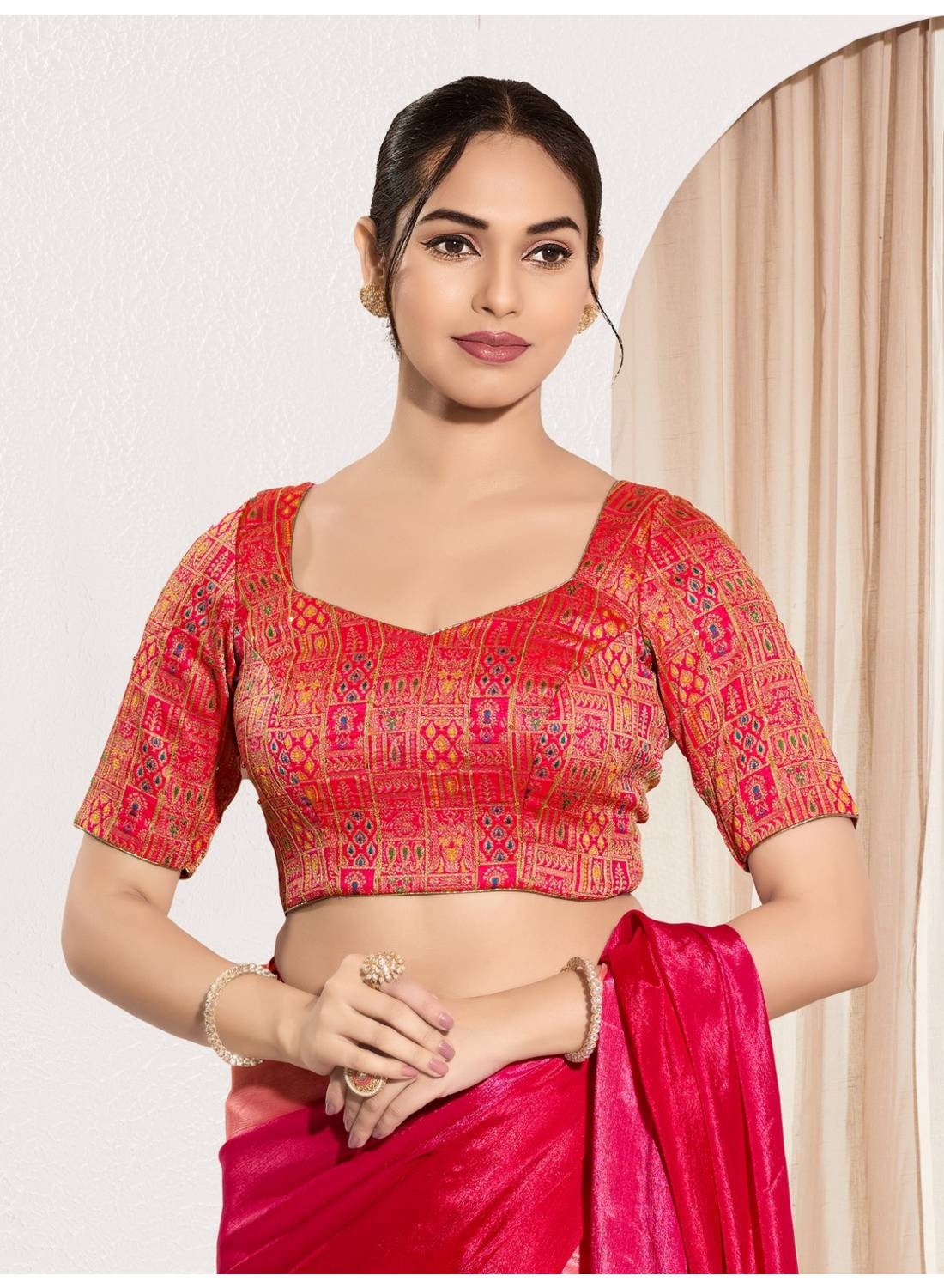  Red Brocade Padded Blouse