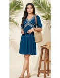 Teal Blue Rayon Embroidery Kurti Top