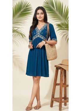 Teal Blue Rayon Embroidery Kurti Top