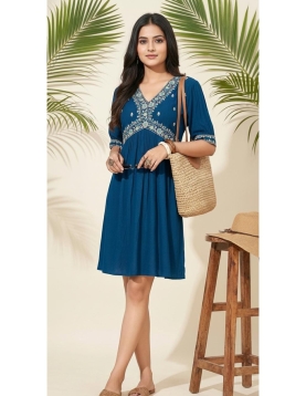 Teal Blue Rayon Embroidery Kurti Top
