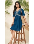 Teal Blue Rayon Embroidery Kurti Top