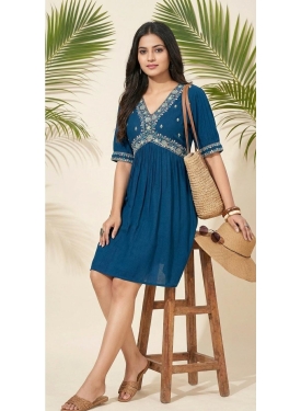 Teal Blue Rayon Embroidery Kurti Top