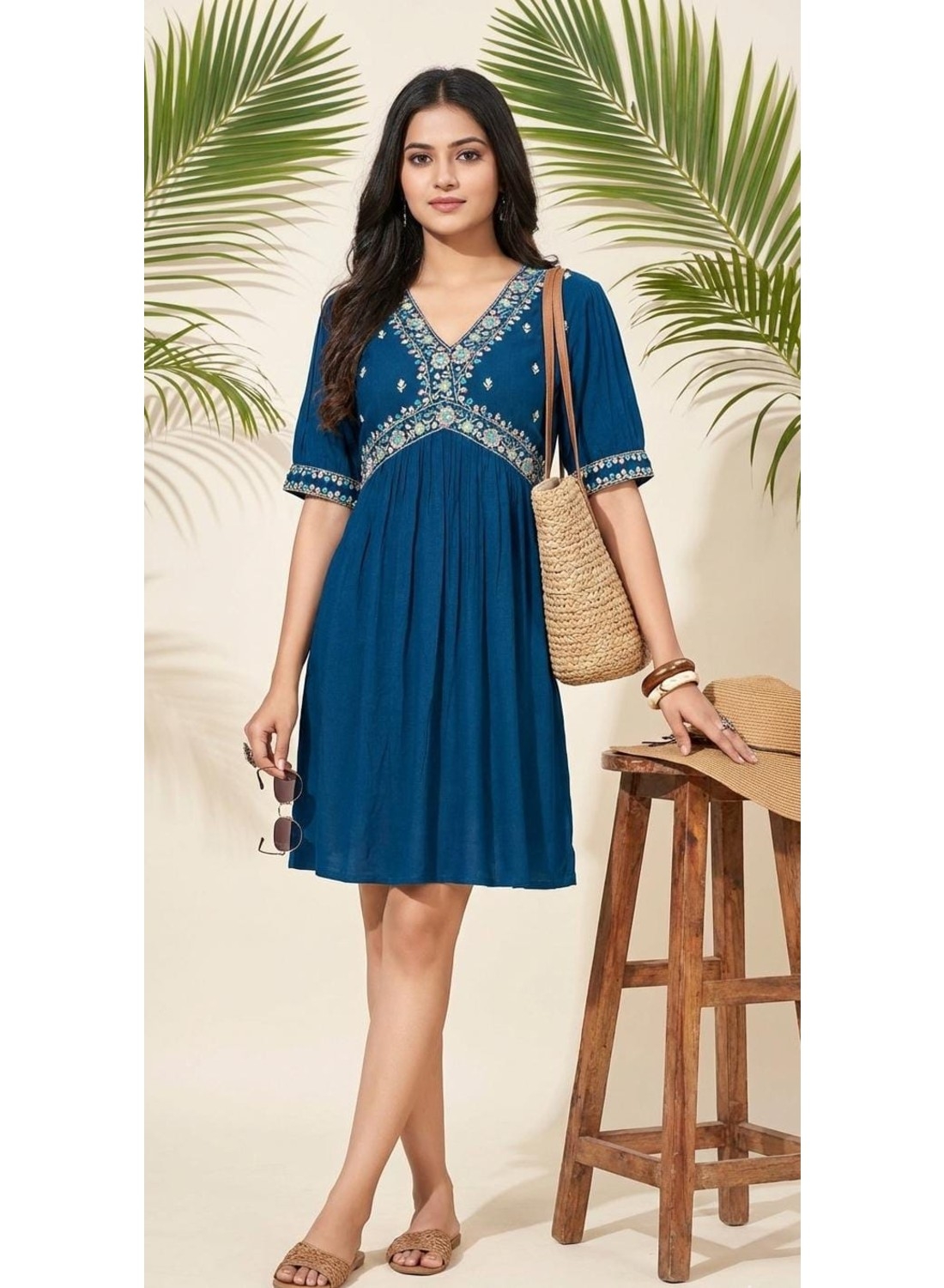 Teal Blue Rayon Embroidery Kurti Top