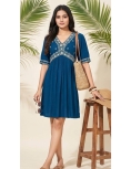 Teal Blue Rayon Embroidery Kurti Top