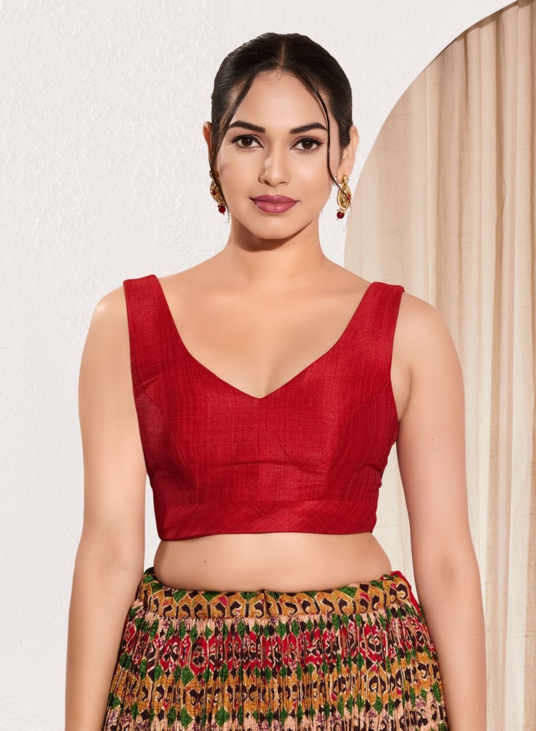 Red Mulbaerry Silk V Neck Fancy Blouse 