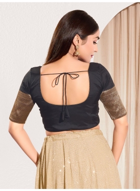 Black Taffeta Silk Blouse with Golden Zari Border Sleeves