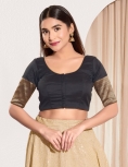 Black Taffeta Silk Blouse with Golden Zari Border Sleeves