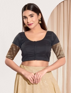 Black Taffeta Silk Blouse with Golden Zari Border Sleeves
