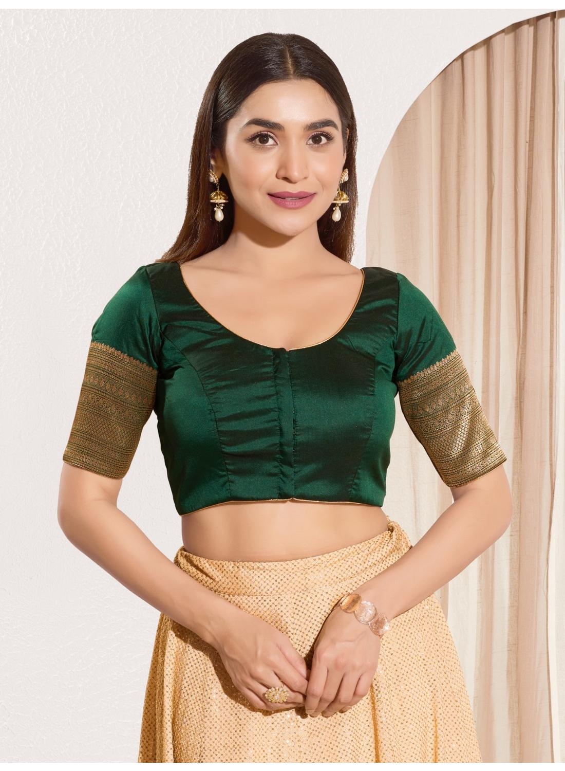 Vanya Bottle Green Taffeta Silk Blouse with Golden Zari Border Sleeves