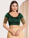 Vanya Bottle Green Taffeta Silk Blouse with Golden Zari Border Sleeves