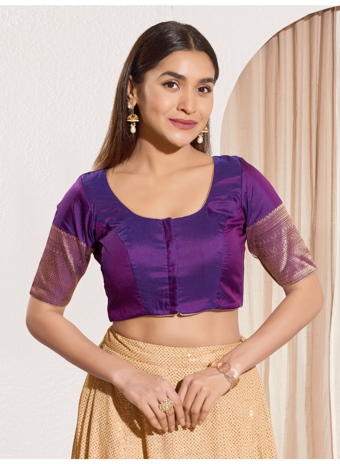 Brinjal Taffeta Silk Blouse with Golden Zari Border Sleeves