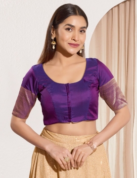 Brinjal Taffeta Silk Blouse with Golden Zari Border Sleeves
