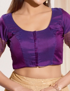 Brinjal Taffeta Silk Blouse with Golden Zari Border Sleeves