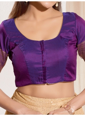 Brinjal Taffeta Silk Blouse with Golden Zari Border Sleeves