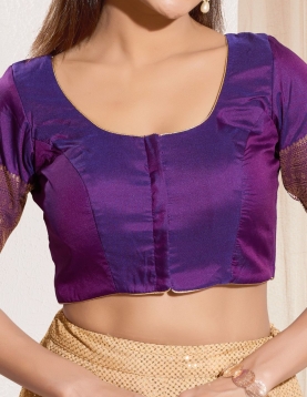 Brinjal Taffeta Silk Blouse with Golden Zari Border Sleeves