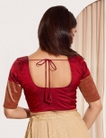Maroon Taffeta Silk Blouse with Golden Zari Border Sleeves