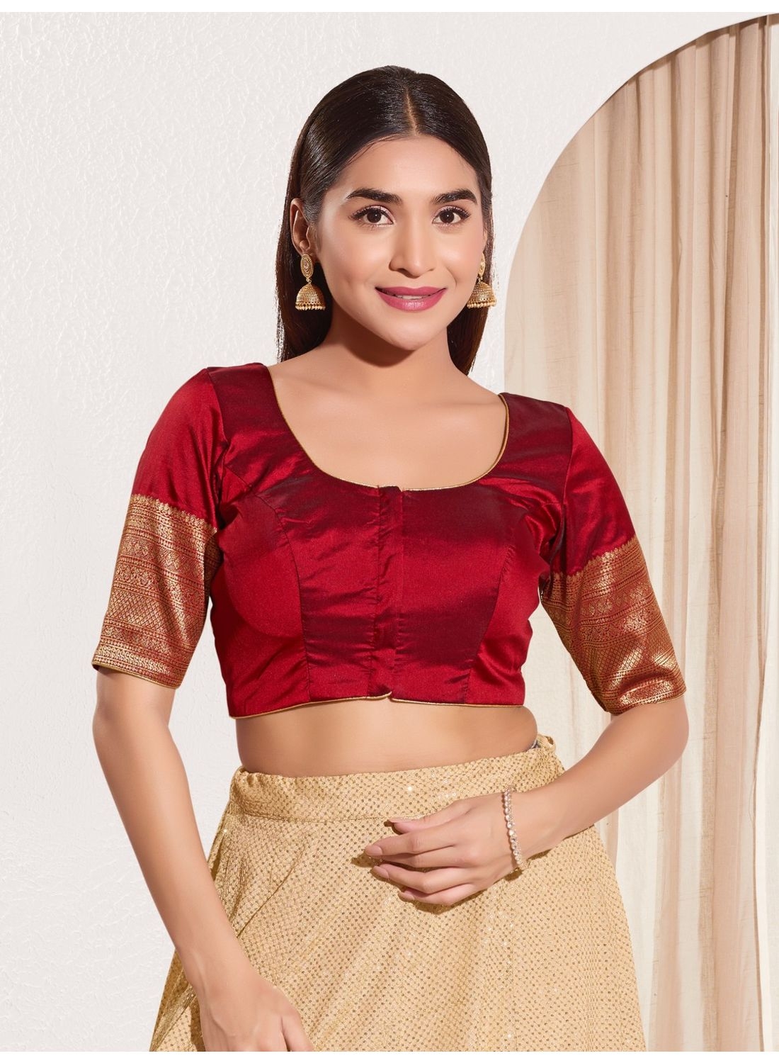 Maroon Taffeta Silk Blouse with Golden Zari Border Sleeves